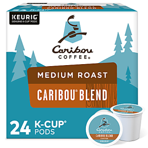 Caribou Coffee medium roast, Caribou Blend, 24 K-Cup pods box for Keurig, with blue and brown design featuring trees.