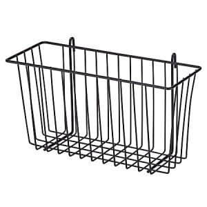 Black wire wall basket with hooks, suitable for storage and organization, featuring a rectangular open design.