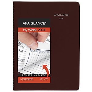 2024 AT-A-GLANCE My Week planner with brown cover, showing interior pages and ink bleed resistance feature.