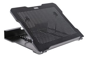 Adjustable black laptop stand with perforated surface for ventilation, featuring a sturdy metal frame.