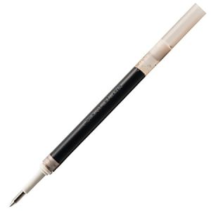 Black ink pen refill with transparent body and cap, viewed on a diagonal angle against a white background.