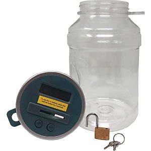 Clear time-lock jar with electronic lid, padlock, and keys, designed for timed access control.