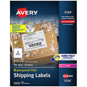 Avery waterproof film shipping labels packaging, featuring 300 labels, dimensions 3 1/3" x 4", with Sure Feed technology.