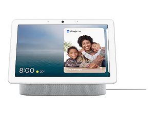 Smart display showing time, weather, and a Google Duo video message notification with a family photo.