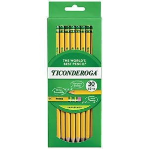 Pack of 30 Ticonderoga #2 HB pencils in green box, labeled "The World's Best Pencil," with yellow wood and pink erasers.