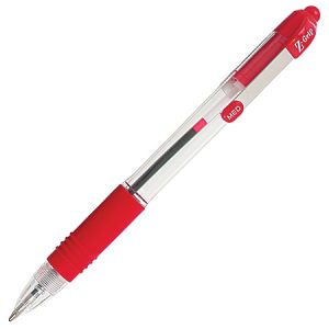 Red and clear Z-Grip ballpoint pen with a retractable tip and textured grip section.