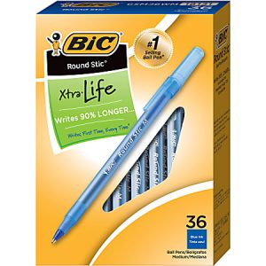 BIC Round Stic ball pen box, 36 blue ink pens, Xtra-Life series, with "Writes 90% Longer" and "#1 Selling Ball Pen" text.