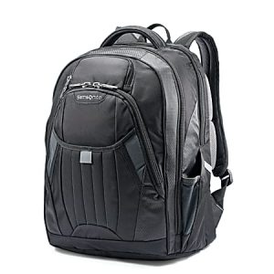 Black Samsonite backpack with multiple compartments and padded shoulder straps, designed for travel or daily use.