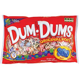 Bag of Dum Dums Original Pops, 300 count, showing assorted flavors, labeled "Free of Major Allergens.