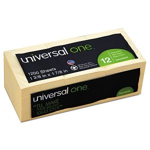 Pack of 12 Universal One yellow sticky notes, 3x3 inches, with recycling symbols on the label.