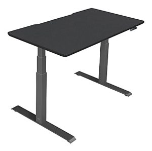 Height-adjustable black desk with grey metal legs, featuring an electronic control panel on the right side.