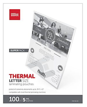 Office Depot thermal letter-size laminating pouches, compatible with most machines, 100 count, 5 mil thickness.