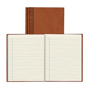 Brown leather-bound notebook, open to lined pages, with intricate spine design visible above.