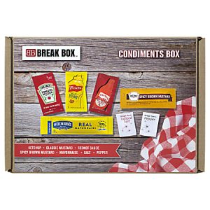 Break Box with condiment packets: ketchup, mustard, hot sauce, spicy mustard, mayonnaise, salt, and pepper on wood background.