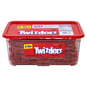 A 5-pound plastic container of strawberry Twizzlers with a red lid, featuring the Twizzlers logo and product label.