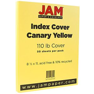 JAM Paper Canary Yellow index cover, 110 lb, 50 sheets, acid-free, 10% recycled, size 8.5x11 inches.
