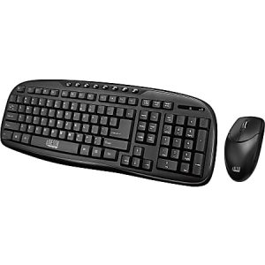 Black wireless keyboard and mouse set, featuring multimedia keys and ergonomic design, suitable for desktop use.