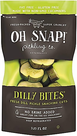 Oh Snap! Dilly Bites, fresh dill pickle snacking cuts, fat-free, gluten-free, non-GMO, 3.25 fl oz pouch.