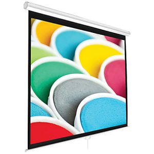 Projection screen displaying colorful sponges in vibrant shades of red, yellow, blue, green, and gray.