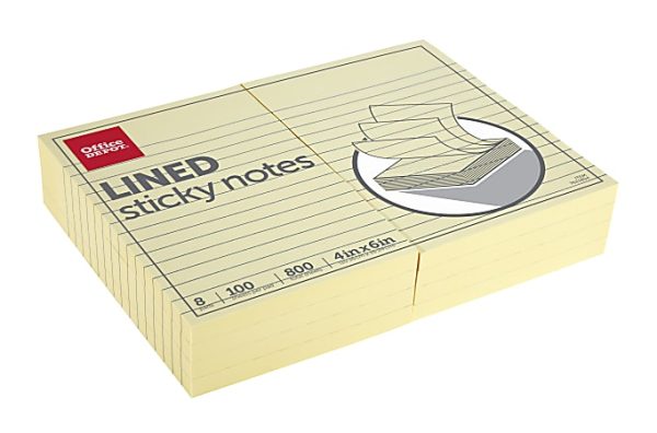 Pack of lined sticky notes, 4x6 inches, 800 sheets total. Yellow color with Office Depot branding on the cover.