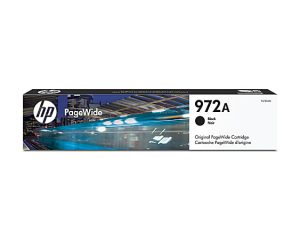 HP PageWide 972A Black ink cartridge packaging with urban design and branding on the box.
