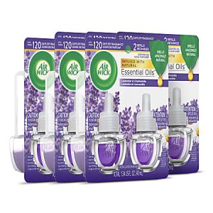 Air Wick Lavender & Chamomile essential oil refills, showcasing four packages, each with two refill bottles, aromatic scent.