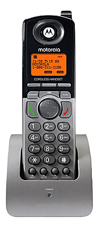 Motorola cordless handset with orange display screen on charging base, showing numeric keypad and function buttons.