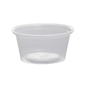 Clear plastic condiment cup, empty and transparent, viewed from the side against a white background.