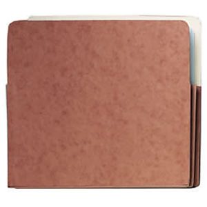 Brown expanding file folder with visible white papers inside.
