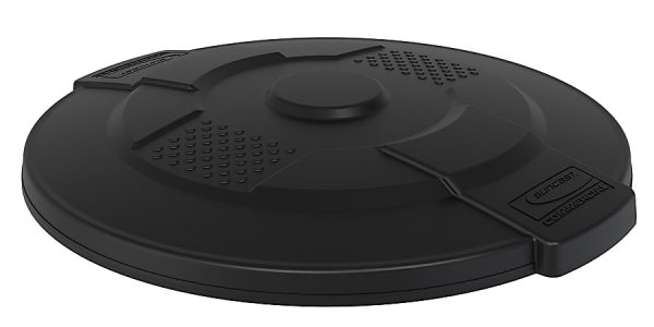 Black commercial-grade plastic trash can lid with textured grip and circular design.