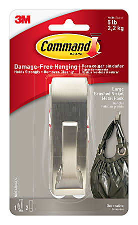 Command large brushed nickel metal hook in packaging, holds up to 5 lbs, shown with an image of a bag hanging on it.