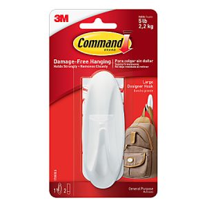 Command large designer hook packaging by 3M, supports 5 lbs; shown in red and white with an image of a backpack.
