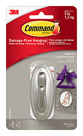 3M Command Medium Traditional Hook in packaging, holds 3 lb, for damage-free hanging. Includes decorative frame image.