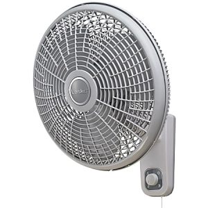 Silver wall-mounted oscillating fan with adjustable speed dial on the base.