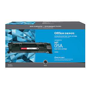 Office Depot remanufactured laser toner cartridge, compatible with HP 05A, shown in blue and black packaging.