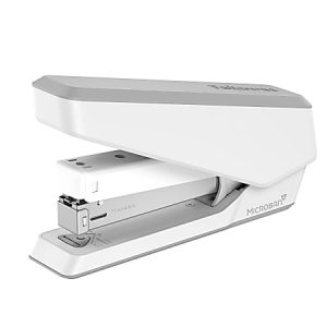 White office stapler with a sleek design, featuring Microban antimicrobial protection, on a plain white background.