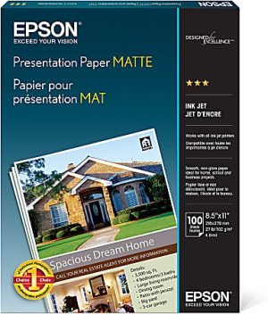 Epson Presentation Paper, Letter Size (8 1/2" x 11"), Pack Of 100 Sheets, 27 Lb, Matte White