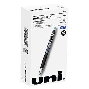 uni-ball 207 Retractable Fraud Prevention Gel Pens, Ultra Micro Point, 0.38 mm, Black Barrels, Blue Ink, Pack Of 12