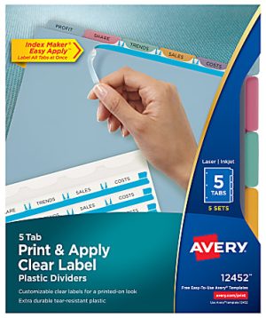 Avery Print & Apply Clear Label Translucent Plastic Dividers with Index Maker Easy Apply Printable Label Strip, 5 Multicolor Tabs, Pack Of 5 Sets