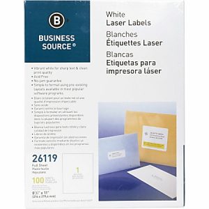 Business Source Address Labels - 8 1/2" Width x 11" Length - Permanent Adhesive - Rectangle - Laser, Inkjet - White - 1 / Sheet - 100 Total Sheets - 100 / Pack - Lignin-free, Jam-free