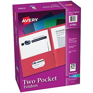 Avery Two Pocket Folders, 8-1/2" x 11", Assorted (Black, Dark Blue, Green, Light Blue, Red), Box Of 25