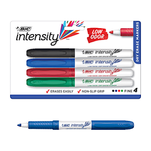 BIC Intensity Low Odor Dry Erase Markers, Fine Bullet Tip, Assorted Colors, Pack of 4