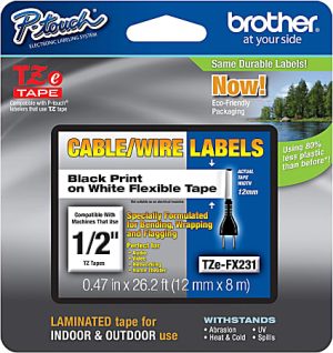 Brother P-touch TZe-FX231 Laminated Flexible ID Label Maker Tape, 1/2" x 26-2/10', Black on White