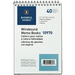 Business Source Wirebound Memo Books - 40 Sheet(s) - Wire Bound - 4" x 6" Sheet Size - White - White Sheet(s) - 1 Dozen