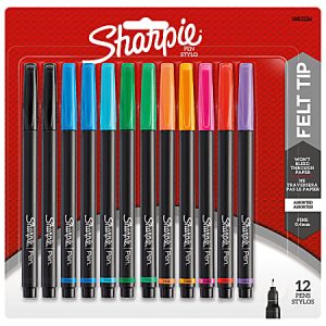 Sharpie Pens, Fine Point, 0.4 mm, Black Barrels, Assorted Ink Colors, Pack Of 12