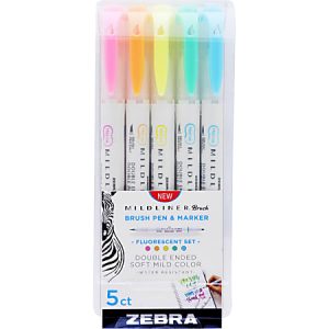 Zebra Mildliner Fluorescent Double-Ended Creative Markers, Fine/Brush Point, White Barrels, Assorted Ink Colors, Pack Of 5 Markers