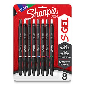 Sharpie S Gel Pens, Medium Point, 0.7 mm, Black Barrel, Assorted Ink, Pack Of 8 Pens