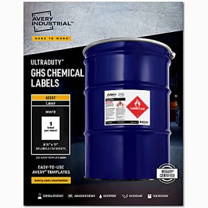 Avery UltraDuty GHS Chemical Labels For Laser Printers, Waterproof, UV Resistant, 60501, Rectangle, 8-1/2" x 11", White, Pack Of 50