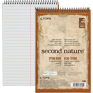TOPS Second Nature Spiral Steno Notebook - 70 Sheets - Spiral - 0.34" Ruled - 15 lb Basis Weight - 6" x 9" - 1" x 6"9" - White Paper - Blue, Gray, Brown Cover - Acid-free - Recycled - 4 / Pack