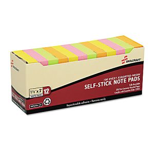 SKILCRAFT Self-Stick Note Pads, 1-1/2" x 2", Assorted Neon, Pack of 12 Pads